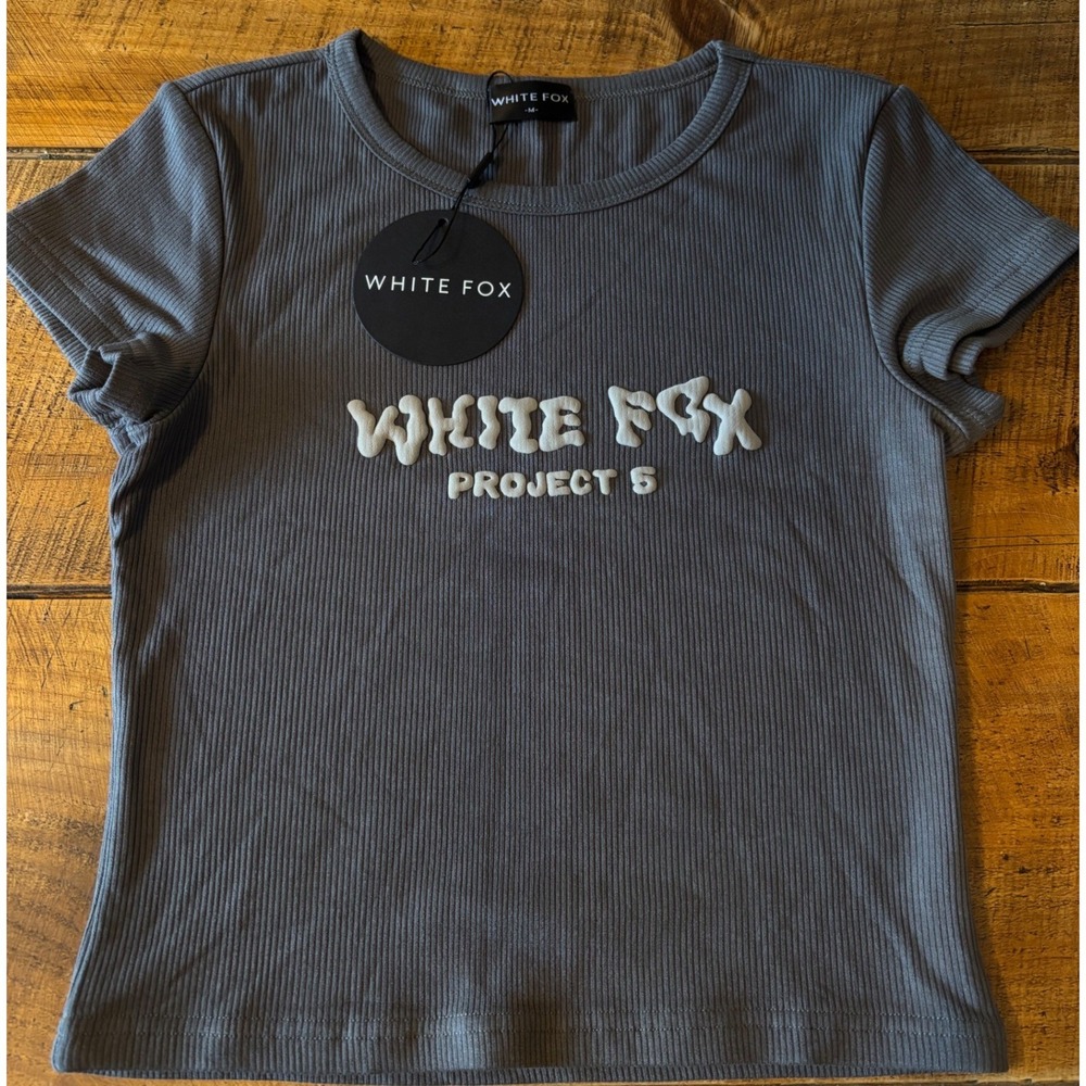 White Fox Womens Project 5 Ribbed Dark Gray Baby Tee Short Sleeve Medium